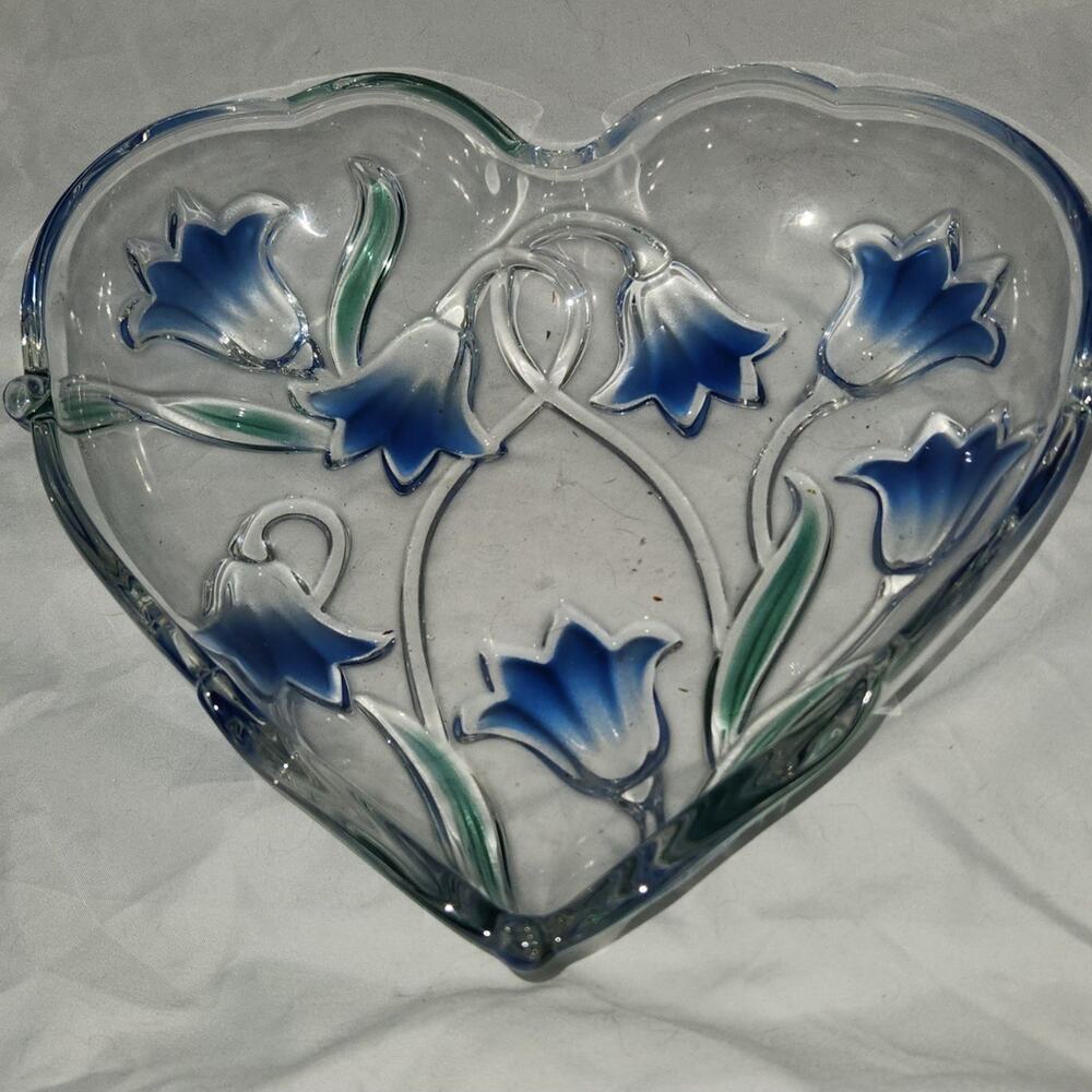Vintage Walther Glass Blue Flower heart shaped bowl box k